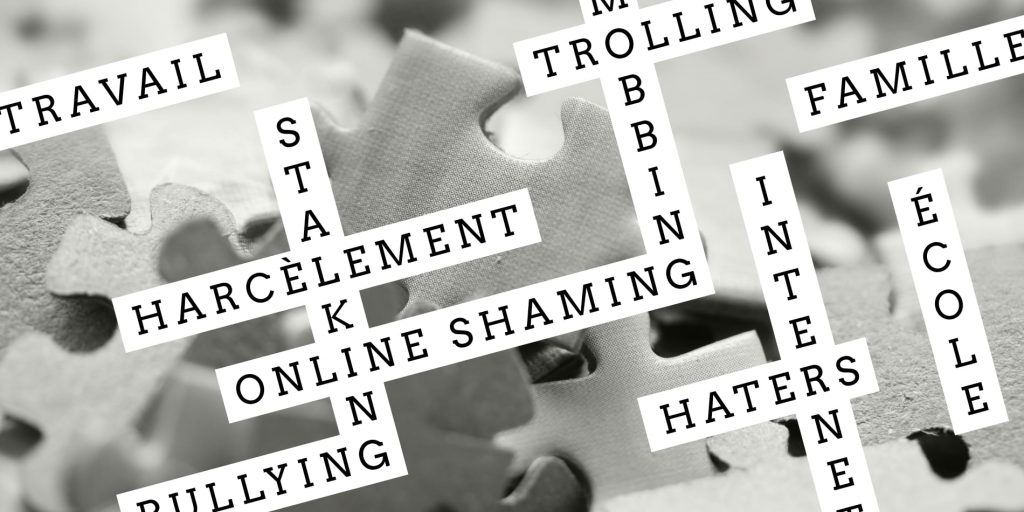 Mots qui s'entrecroisent, sur fond de puzzle : stalking, harcèlement, online shaming, bullying, mobbing, trolling, haters...